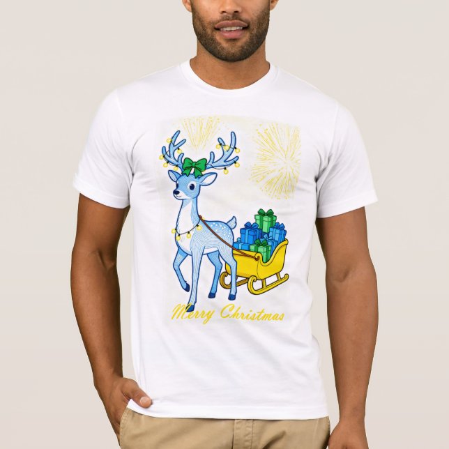 Blue Reindeer & Sleigh Merry Christmas Men's T Shirt (Framsida)