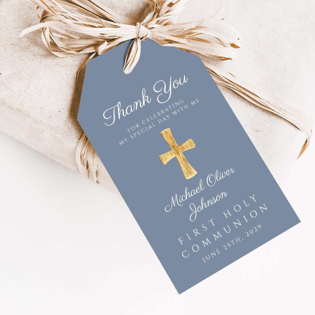 Blue Religiösa Kor Boy First Communion Presentetikett (Blue Religious Cross Boy First Communion Gift Tags)