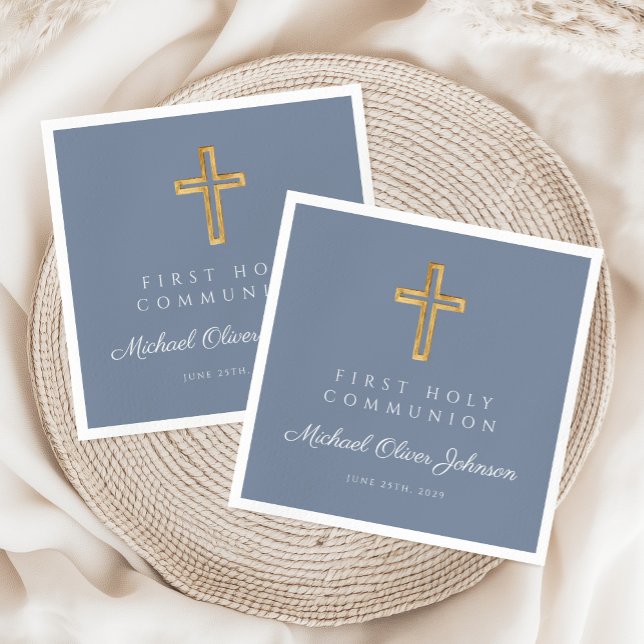 Blue Religiösa Kor Dusty Boy First Communion Pappersservett (Blue Religious Cross Dusty Boy First Communion Napkins)