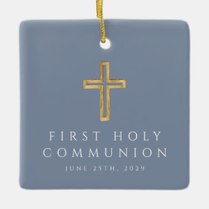 Blue Religiösa Kor First Communion Photo Julgransprydnad Keramik