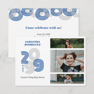 Blue Retro Big Numbers 3-Photo Studenten Inbjudningar