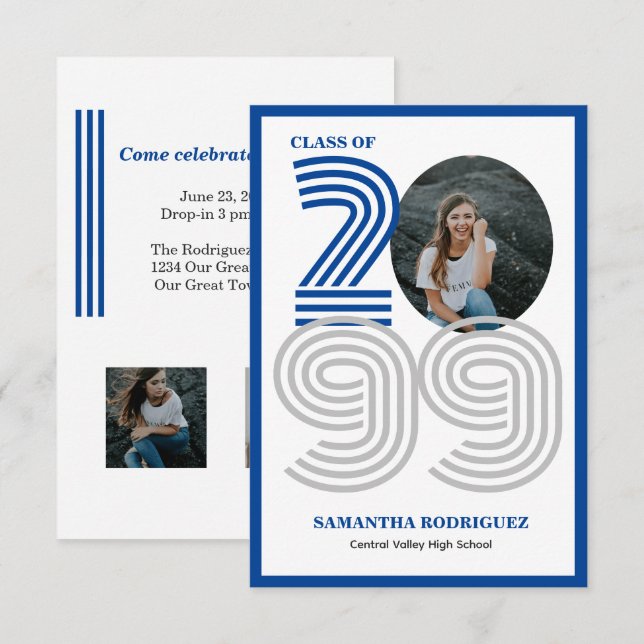 Blue Retro Big Numbers Studenten Photo Inbjudningar (Fram/baksida)