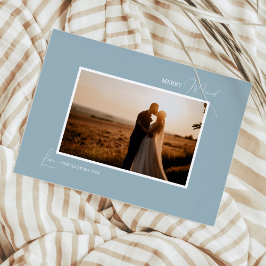 Blue Retro Boho Minimalist Merry Married Photo Julkort
