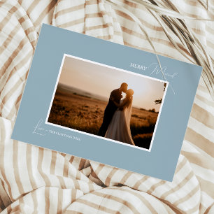 Blue Retro Boho Minimalist Merry Married Photo Julkort