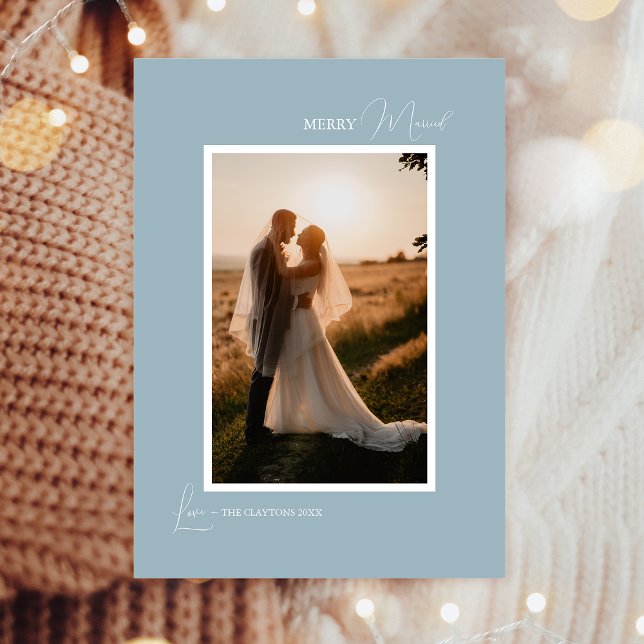 Blue Retro Boho Minimalist Merry Married Porträtt Julkort (Skapare uppladdad)