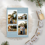 Blue Retro Boho - minimalistisk fyra fotokollage Julkort<br><div class="desc">Den här blåa Retro Boho-minimalistdesignen med fyra foto Collage-kort har en mjuk och coola bakgrund med dammig blått med elegant som kopplar ihop enkel typografi och delikat skript och erbjuder säsongshälsningar med "God jul". Det här vackra lilla stil är en perfekt polerad estetik för dina kära att njuta av den...</div>