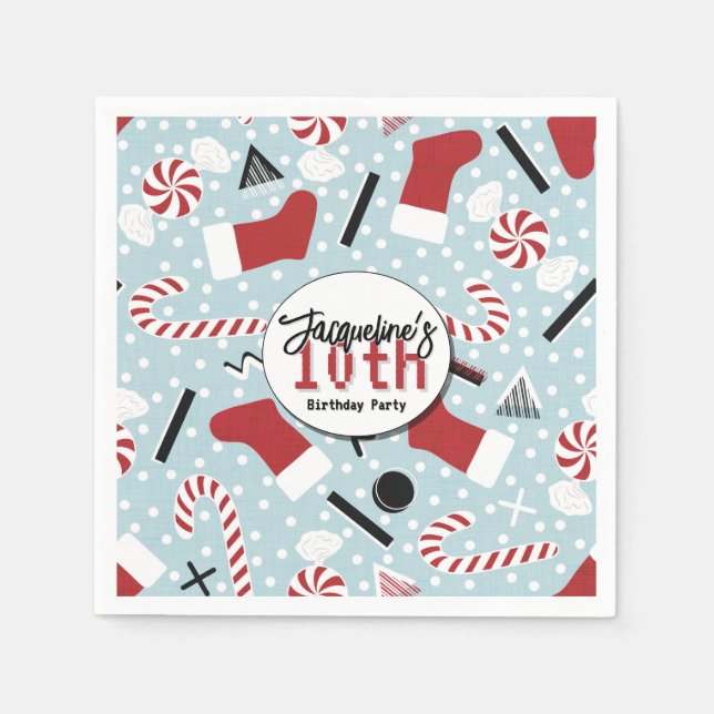 Blue Retro Christmas Peppermint Birthday Pappersservett (Framsidan)