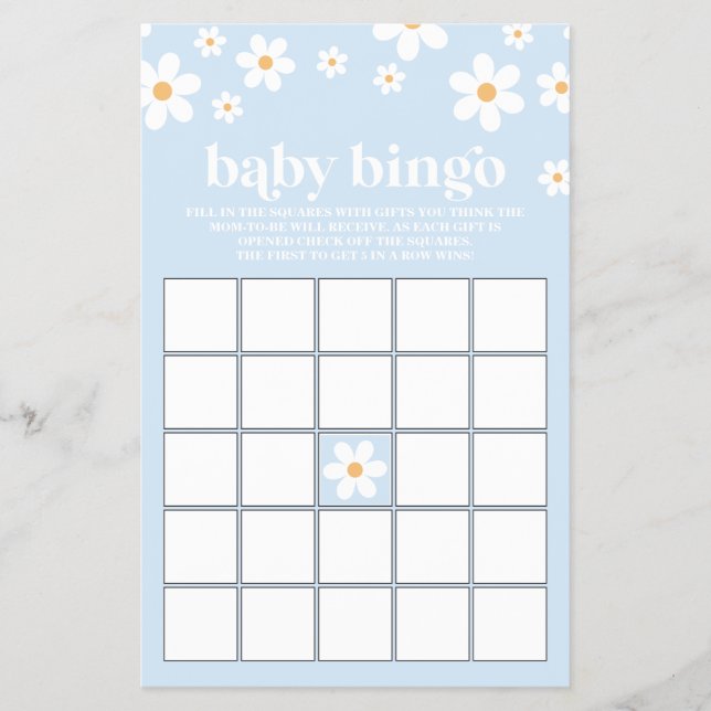 Blue Retro Daisy Baby Shower Bingo Flygblad (Framsidan)