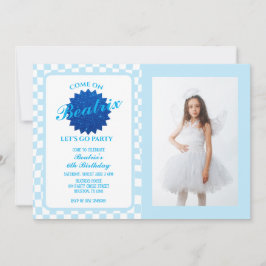Blue Retro Doll Photo Birthday Inbjudningar