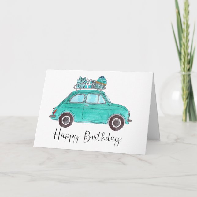 Blue Retro Fiat 500 Birthday Kort (Framsida)