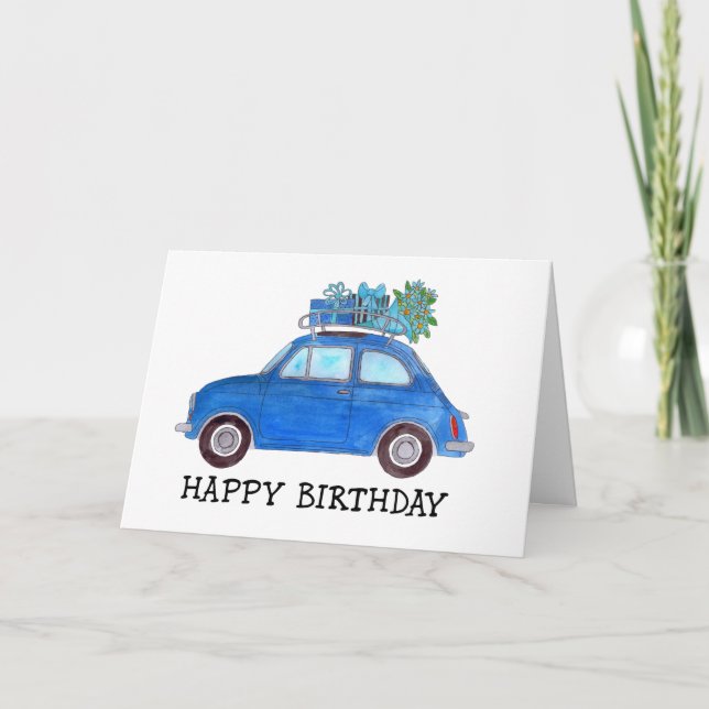 Blue Retro Fiat 500 Birthday Kort (Framsida)