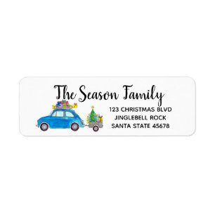 Blue Retro Fiat 500 with Christmas Gifts Returadress Etikett