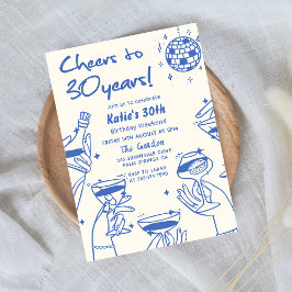 Blue Retro Hand plockade Funky 30års födelsedag Inbjudningar