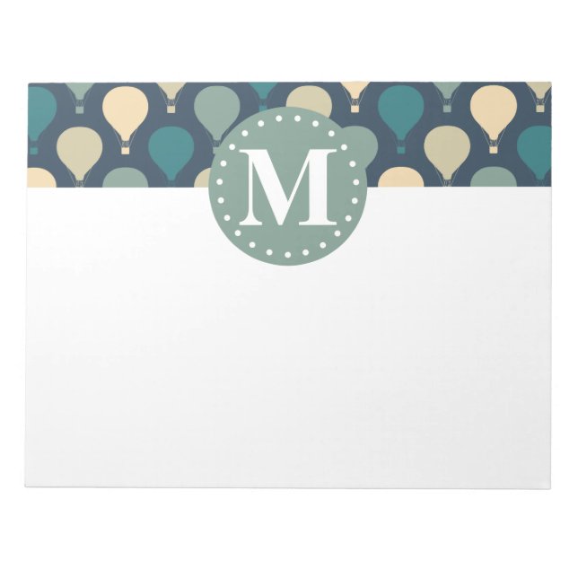 Blue Retro Luftballong Mönster Monogram Anteckningsblock (Framsida)