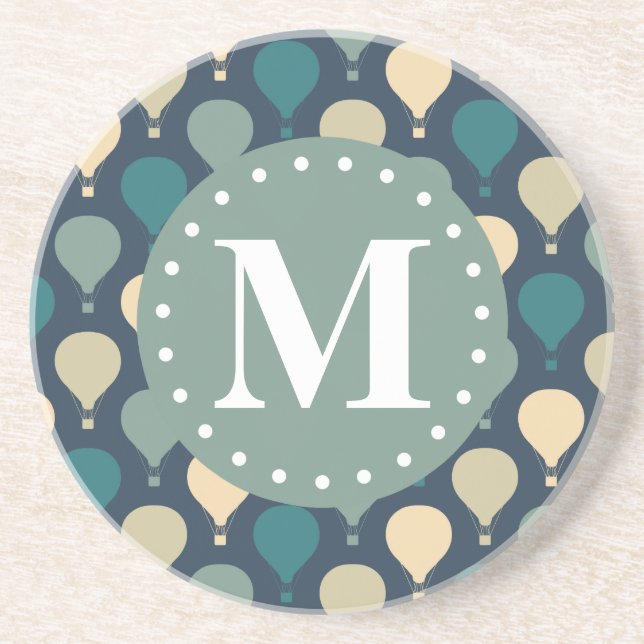 Blue Retro Luftballong Mönster Monogram Underlägg Sandsten (Framsidan)