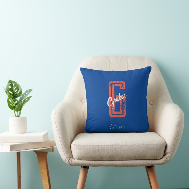 Blue Retro Minimalist Modern Monogram Namn Kudde (Stol)
