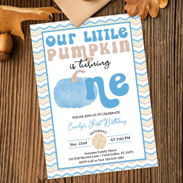 Blue Retro Pumpkin Birthday Inbjudan (Retro Typography Blue Pumpkin Our Little Pumpkin Birthday Invitation)