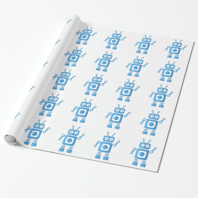 Blue Retro Robot Presentpapper (Utrullad)