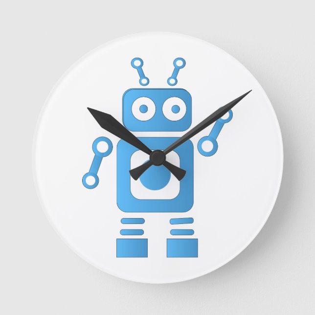 Blue Retro Robot Rund Klocka (Framsida)