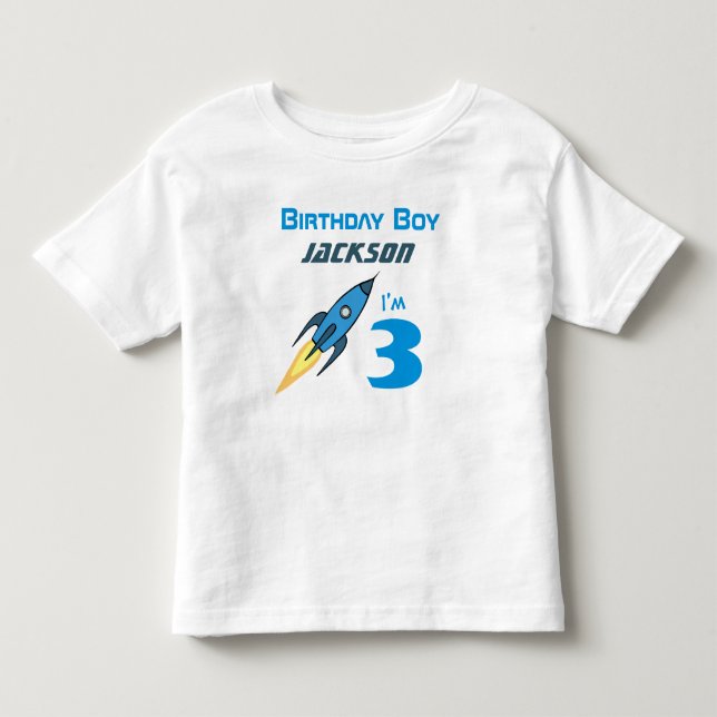Blue Retro Rocket Frakt Personlig Birthday Boy Tee Shirt (Framsida)