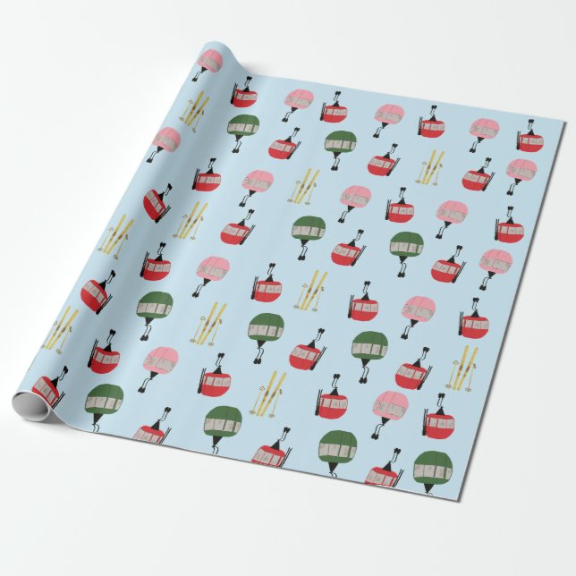 Blue Retro Ski Hiss Gondola Winter Skiing Presentpapper (Utrullad)