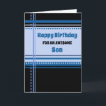 Blue Retro Son Birthday Kort<br><div class="desc">Födelsedagskort för son med roligt blå och svart reflektor mönster och tankfull vers.</div>