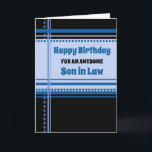 Blue Retro Son i Lag Birthday Kort<br><div class="desc">Födelsedagskort för son i lag med roligt blå och svart reflektor mönster och tankfull vers.</div>