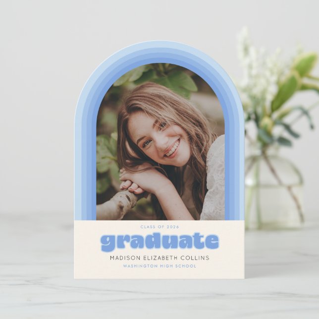 Blue Retro Striped Arch Graduation Announcement Inbjudningar (Stående Fram)