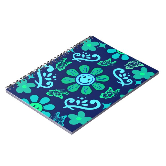 Blue Retro Style Floral and Sun Symbol Pattern Anteckningsbok (Vänstra Sidan)