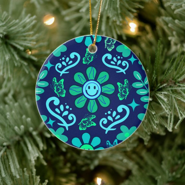 Blue Retro Style Floral and Sun Symbol Pattern Julgransprydnad Keramik (Träd)