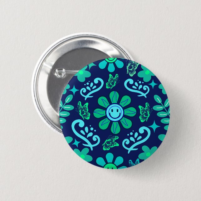 Blue Retro Style Floral and Sun Symbol Pattern Knapp (Framsida & baksida)
