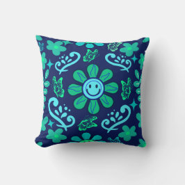 Blue Retro Style Floral and Sun Symbol Pattern Kudde