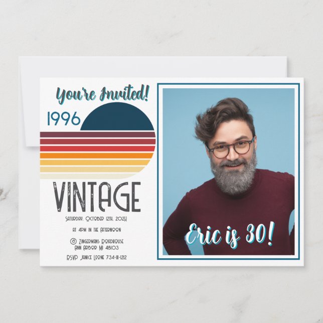Blue Retro Sun 1996 Photo 30th Birthday Stripe  Julkort (Framsida)
