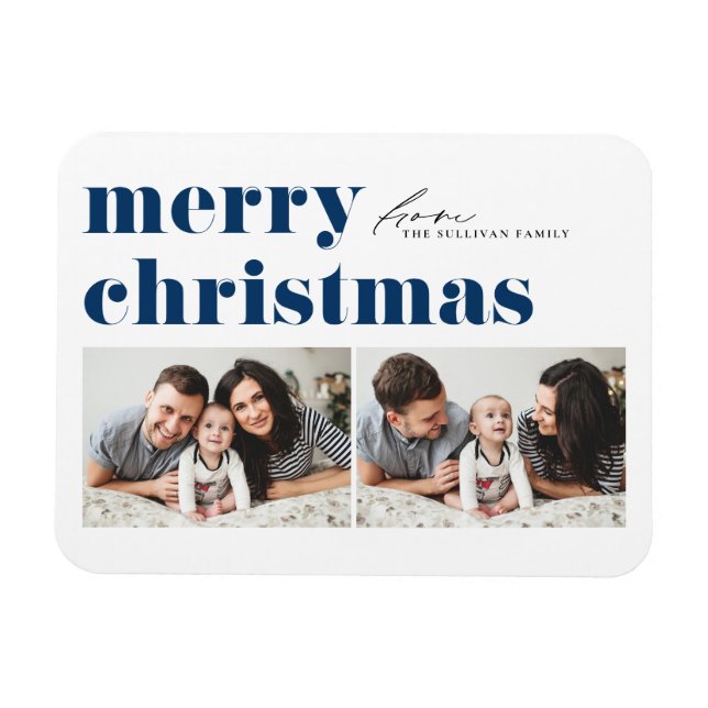 Blue Retro Typography God jul Two Photo Magnet (Horisontell)