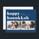 Blue Retro Typography Lycklig Hanukkah Two Photo Helg Vykort<br><div class="desc">Lycklig Hanukkah! Skicka ditt Hanukkah hälsning till familj och vänner med det här anpassadet-fotot Hanukkah-kort. Den har återformig fet typografi. Anpassa genom att lägga till information. Det här anpassningsbarna Hanukkah-kortet finns på andra färg och på andra kartonger. Matchande objekt är tillgängliga.</div>