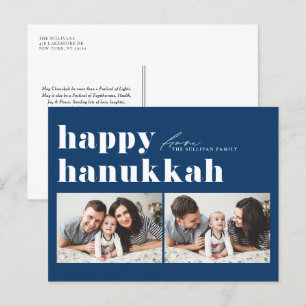 Blue Retro Typography Lycklig Hanukkah Two Photo Helg Vykort
