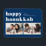 Blue Retro Typography Lycklig Hanukkah Two Photo Magnet<br><div class="desc">Lycklig Hanukkah! Fira den glädjande festivalen i Ljus med anpassadet fotot Hanukkah magnet! Med den här fantastiska magneten kan du visa dina favoritminnen samtidigt som du lägger till en personlig beröring till din helgdag-dekoration. Den har återformig fet typografi. Anpassa genom att lägga till information. En idealisk gåva till familj och...</div>