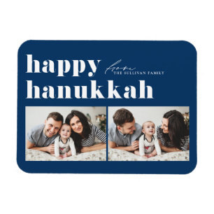 Blue Retro Typography Lycklig Hanukkah Two Photo Magnet