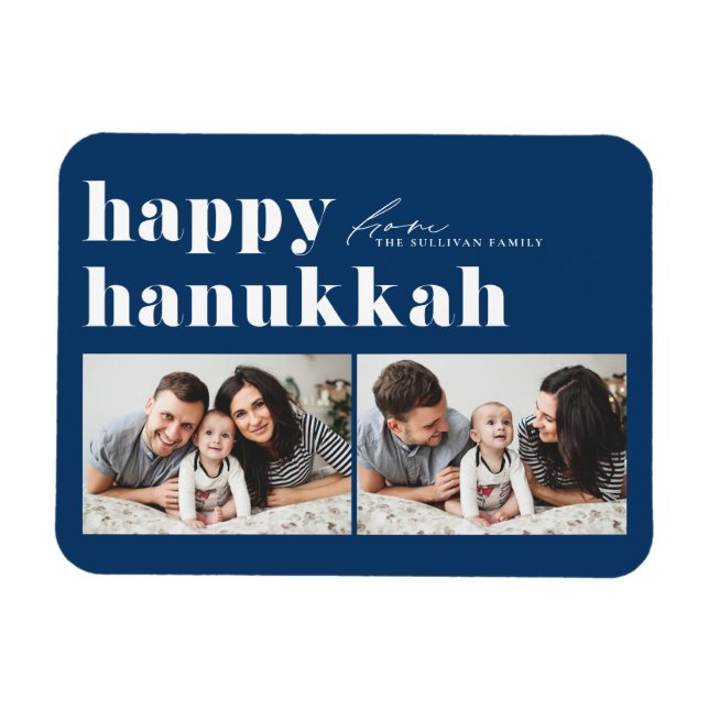 Blue Retro Typography Lycklig Hanukkah Two Photo Magnet (Horisontell)