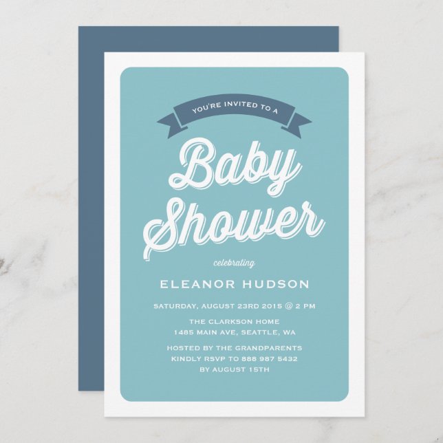 Blue Retro Typography Script Classic Baby Shower I Inbjudningar (Fram/baksida)