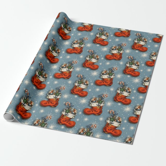 Blue Retro Vintage Santa Boots Presentpapper (Utrullad)