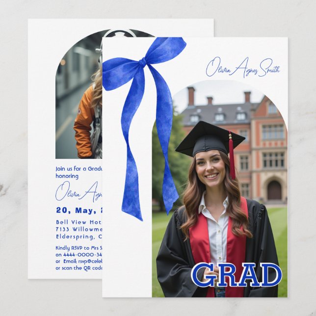 Blue Ribbon Accent Dual‑Photo QR Code Inbjudningar (Fram/baksida)