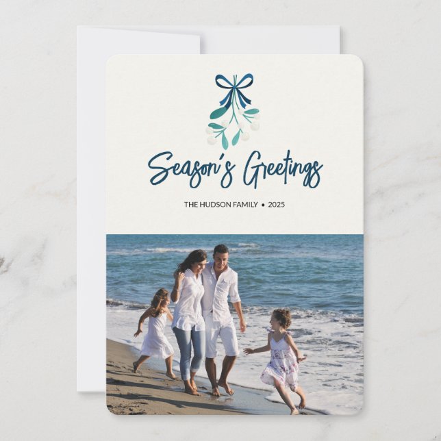 Blue Ribbon bundet Mistletoe Julkort (Framsida)