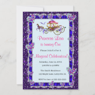 Blue Ribbon Lila Glitter Royal Princess Birthday Inbjudningar