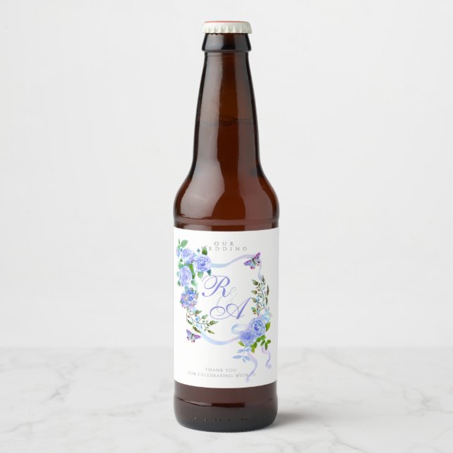 Blue Ribbon Monogram Wedding  Ölflaska Etikett (Framsida)