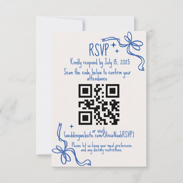 Blue Ribbon QR Wedding RSVP Card OSA Kort (Framsida)