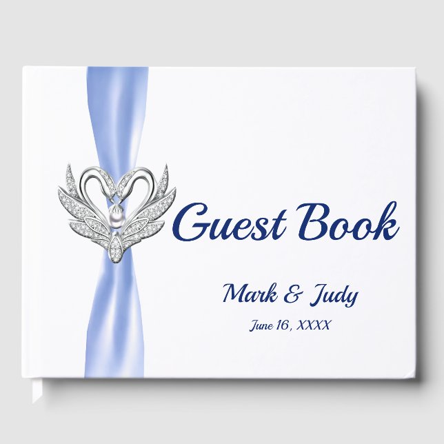 Blue Ribbon Silver Svanar Bröllop Guestbook Gästböcker (Framsida)