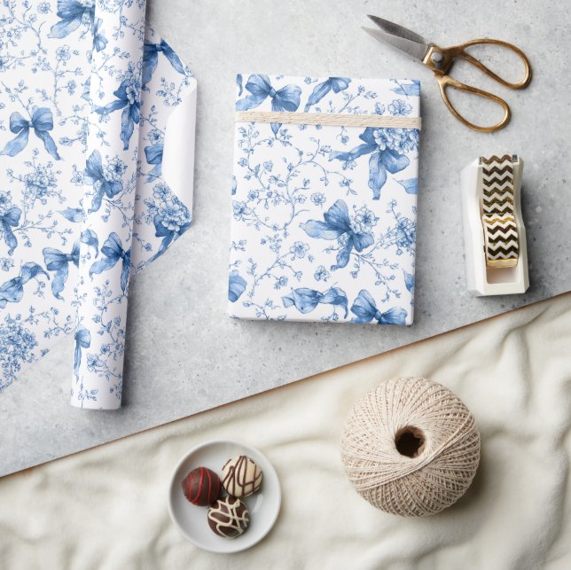 Blue Ribbons and Bows Toile Coquette Pattern  Presentpapper (Hantverk)