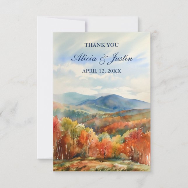 Blue Ridge Mountains Höst Aquarell Bröllop  Tack Kort (Framsida)