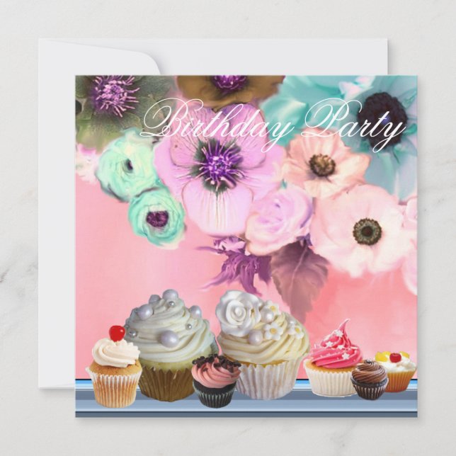 BLUE RO ANEMONE FLOWES AND MUFFINSS Birday Inbjudningar (Framsida)